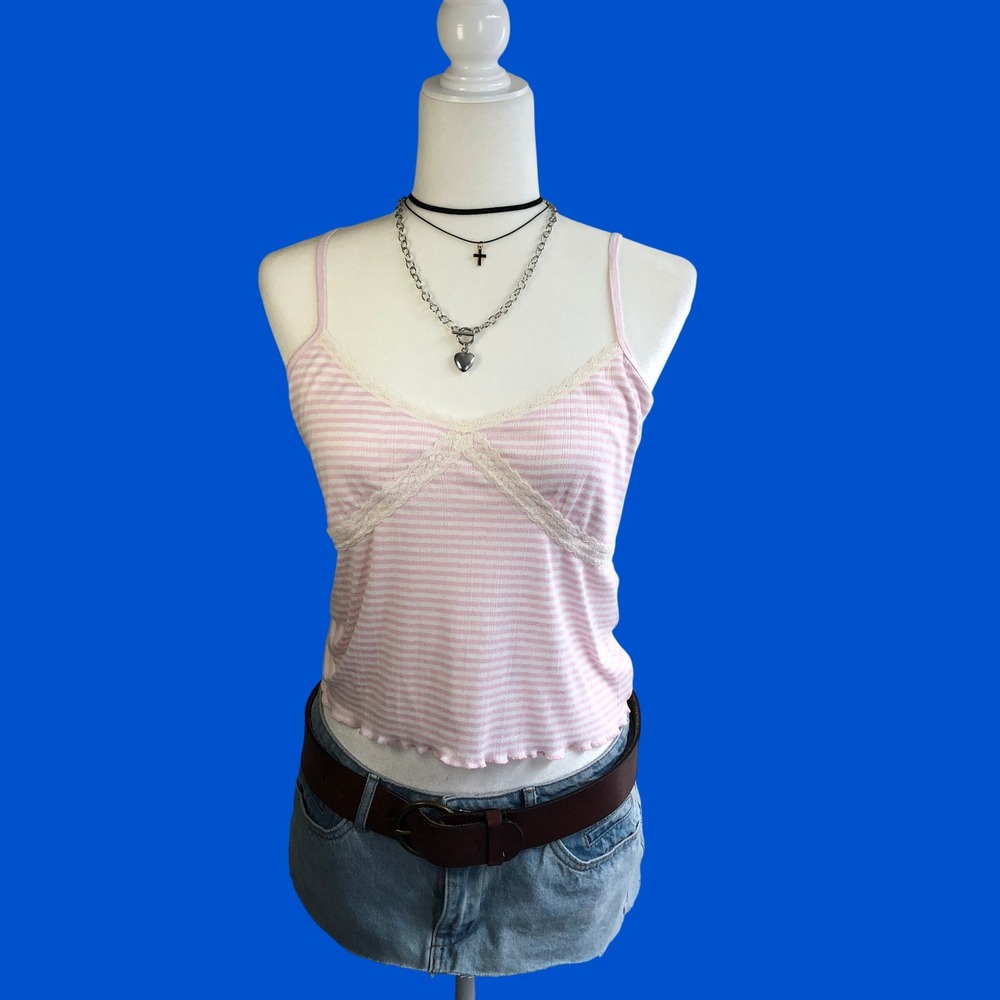 Hollister Pink Striped Pointelle Lace Trim Cami Top Medium Coquette Y2K Style